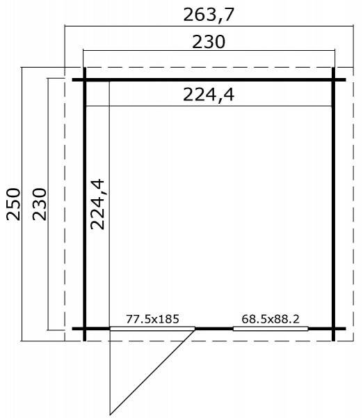 Blokhut Wels 230x230 cm plattegrond