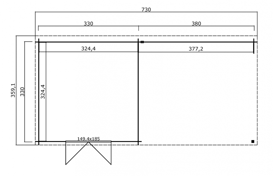 Blokhut Olenka 710x330 cm - Platinum Grey-Wit gecoat plattegrond