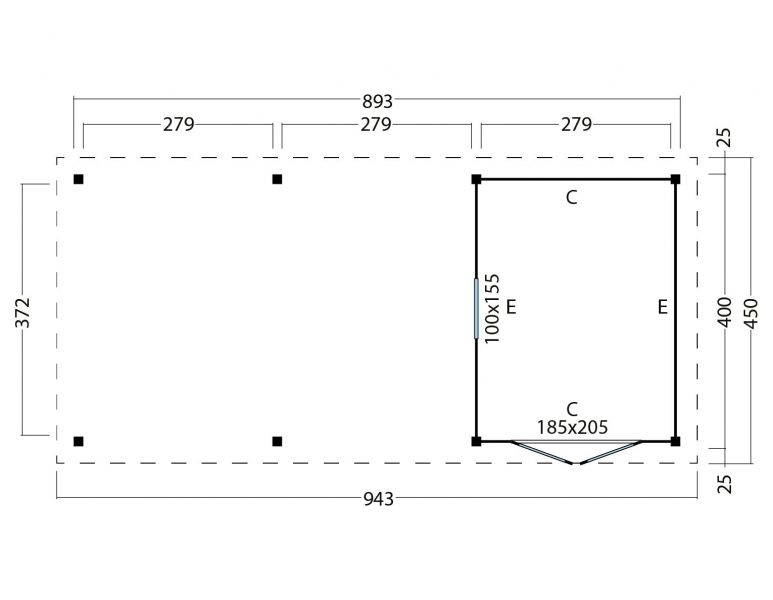 Overkapping plat dak Red Class Wood Odense type 7 XXL 943x450 cm - Zwarte wanden