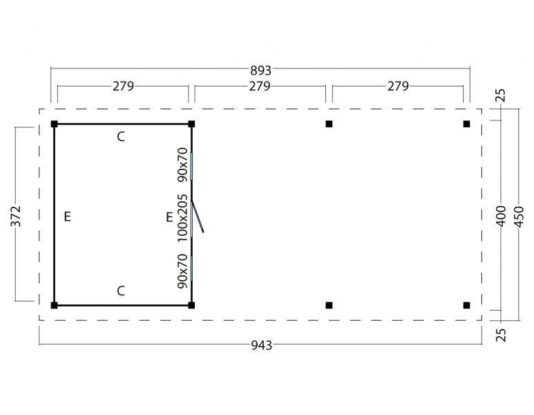 Overkapping plat dak Red Class Wood Odense type 8 XXL 943x450 cm - zwarte wanden