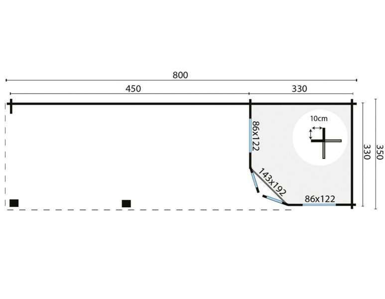 Blokhut Paiva 350x350 cm + luifel 450 cm - Grijs geïmpregneerd