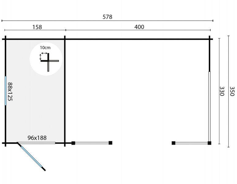 Blokhut Selma 158x350 cm + luifel 400 cm - Grijs geïmpregneerd