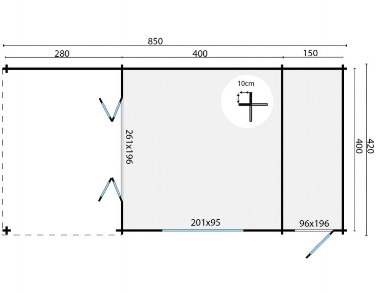 Blokhut Sibella 420x420 cm + luifel 280 cm + aanbouw 150 cm