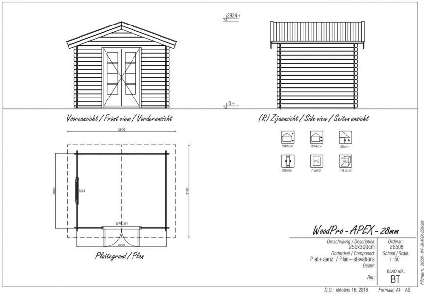 Blokhut/Tuinhuis Wamel 300x250 cm - Plattegrond