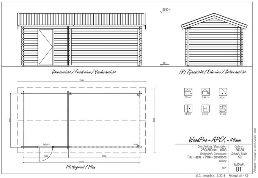 Blokhut/Tuinhuis Westen 650x300 cm - Plattegrond