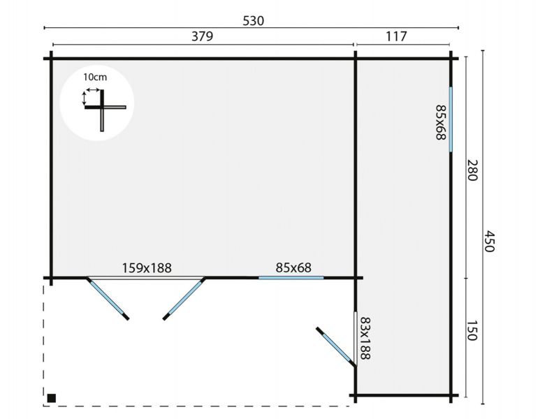 Blokhut Wolfgang 530x300 cm + luifel 150cm - Grijs geïmpregneerd